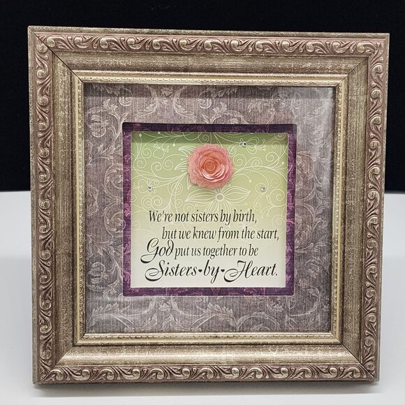 Framed Wall Decor Sisters By Heart Quote With Floral Design Ornate Wood Frame - Picture 1 of 12